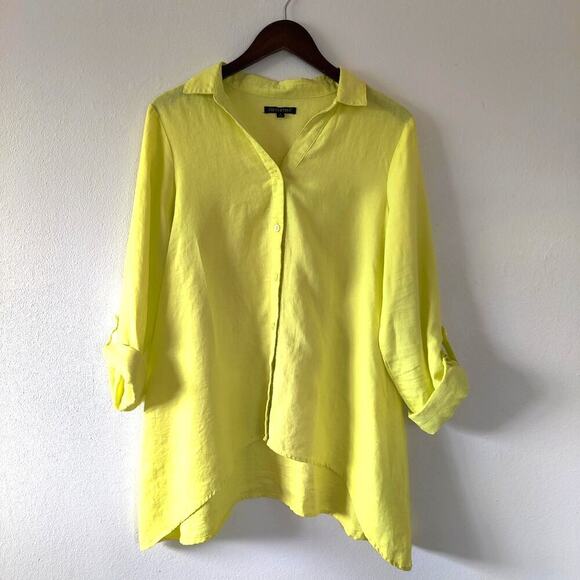 For Cynthia 100% Linen Yellow Neon Button Down Shirt Size M Legenlook Minimalist - Picture 5 of 7